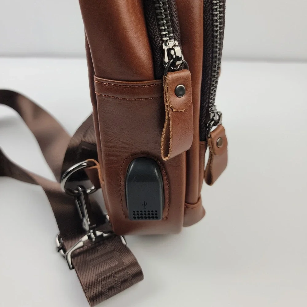 Bullcaptain Mens Brown Leather Sling Bag Crossbody Backpack with USB Port